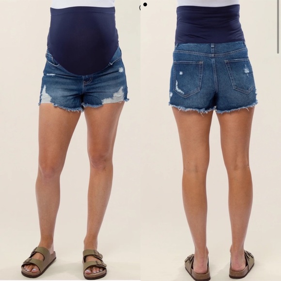 Pinkblush Dark Wash Distressed Raw Hem Maternity Full Panel Shorts - Picture 2 of 9